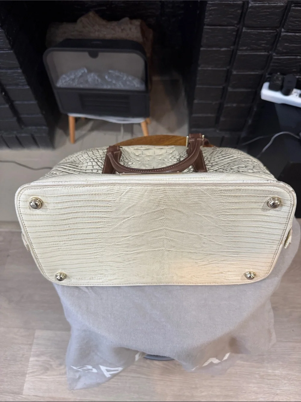 Brahmin Cream Croc-Embossed Satchel with Brown Trim